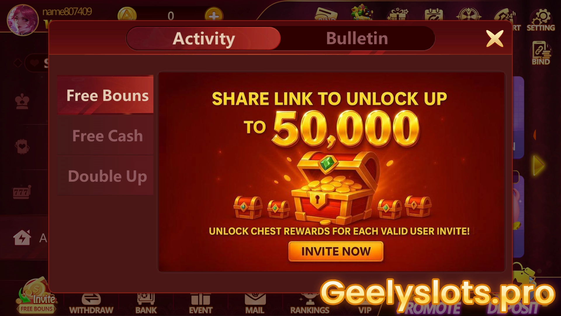 geely slots game's new activity - Free Invite Bonus(50,000 coins)