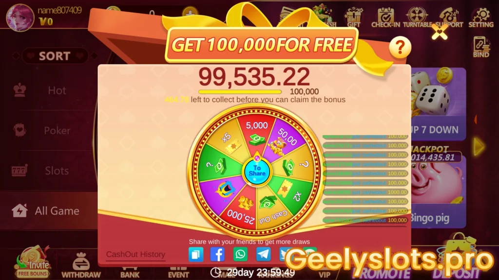 geely slots game main event - invite and get spin change to win 100,000 coins