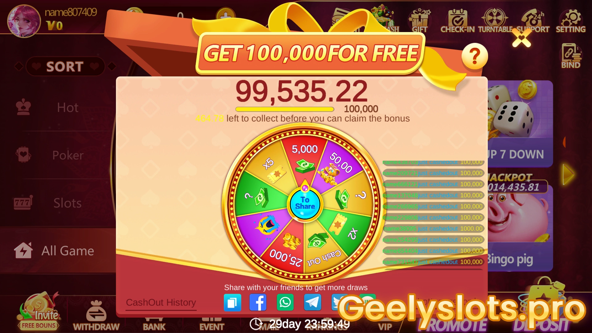 geely slots game main event - invite and get spin change to win 100,000 coins
