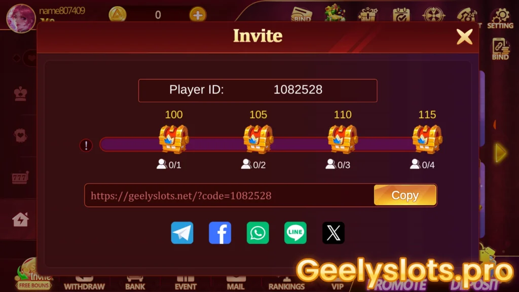 geely slots game invite bonus claim interface