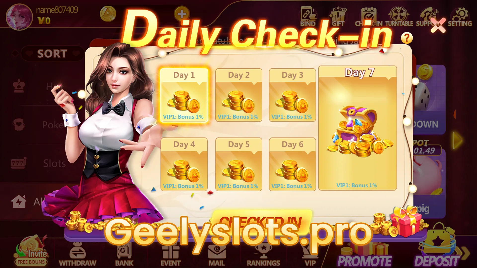 geely slots Daily Check-in Event interface