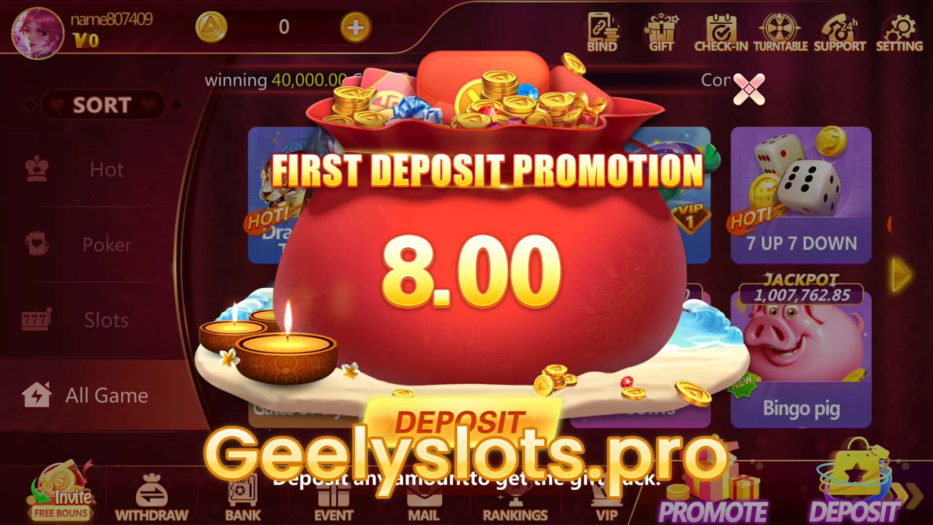 geely slots first deposit promotion bonus interface
