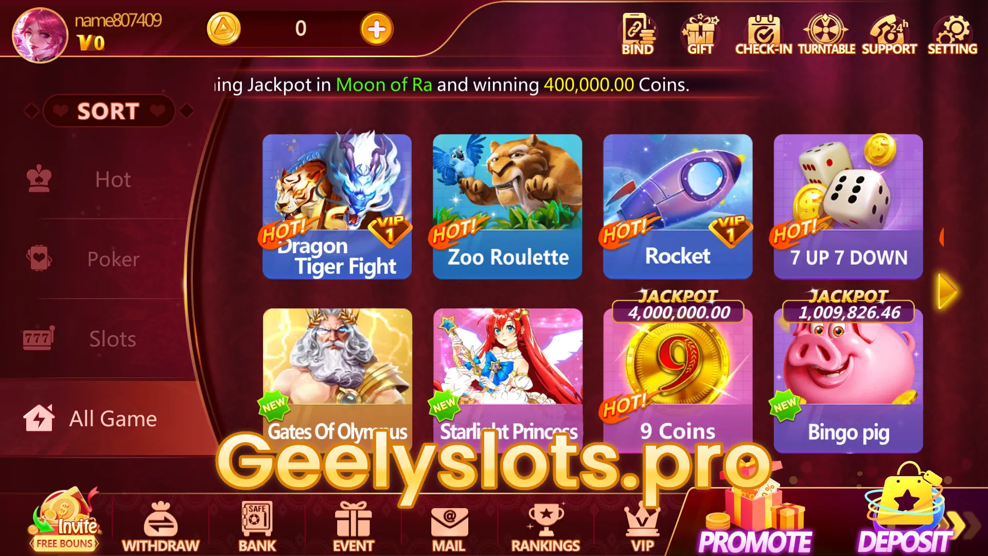 geely slots game lobby interface