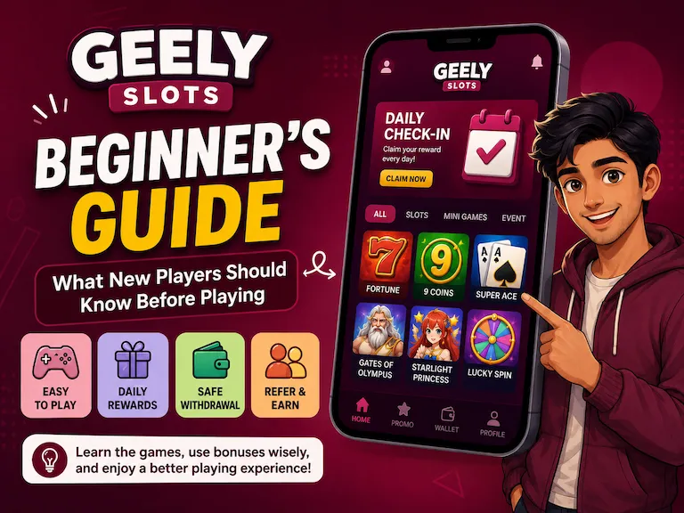 Geely Slots beginner guide cover image with Pakistani cartoon character, mobile app screen, daily rewards, safe withdrawal, and simple game tips for new players